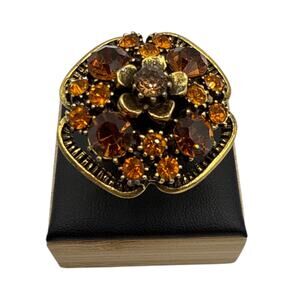Florenza Vintage Ring Mid-Century Gold Tone Adjustable Flower Rhinestone Signed